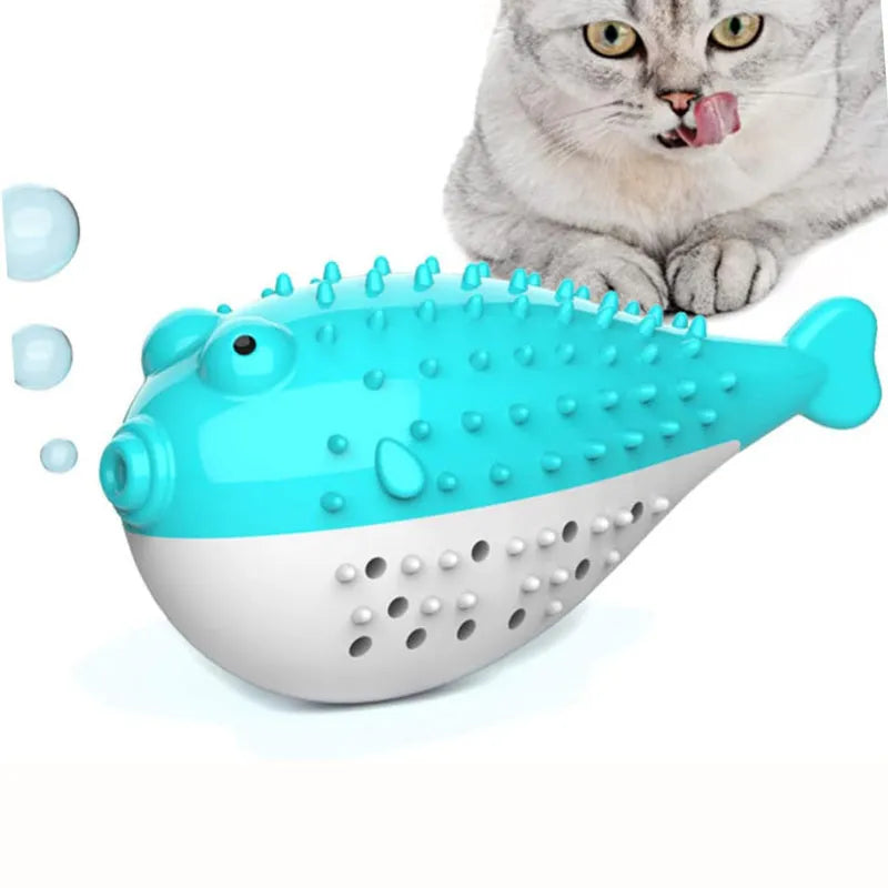 Silicone fish-shaped cat chew toy in blue, green, pink, or yellow colours for reducing destructive chewing
