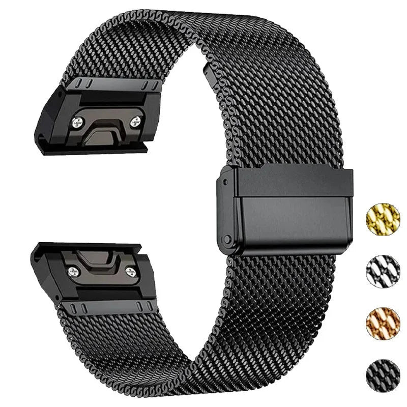 Stainless steel card-style watch strap for Garmin Fenix smartwatches in silver, black, gold, rose gold.