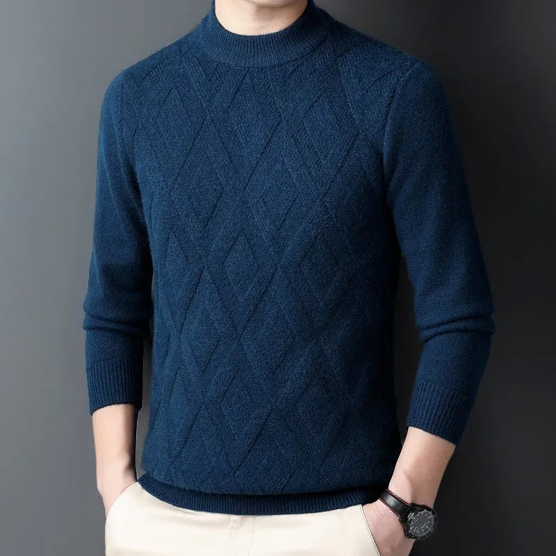 Men's diamond jacquard wool blend winter sweater in light camel colour on a hanger