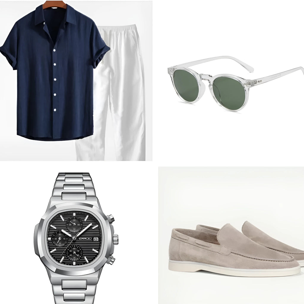 Men's navy blue cotton linen short sleeve suit with matching shorts and accessories displayed