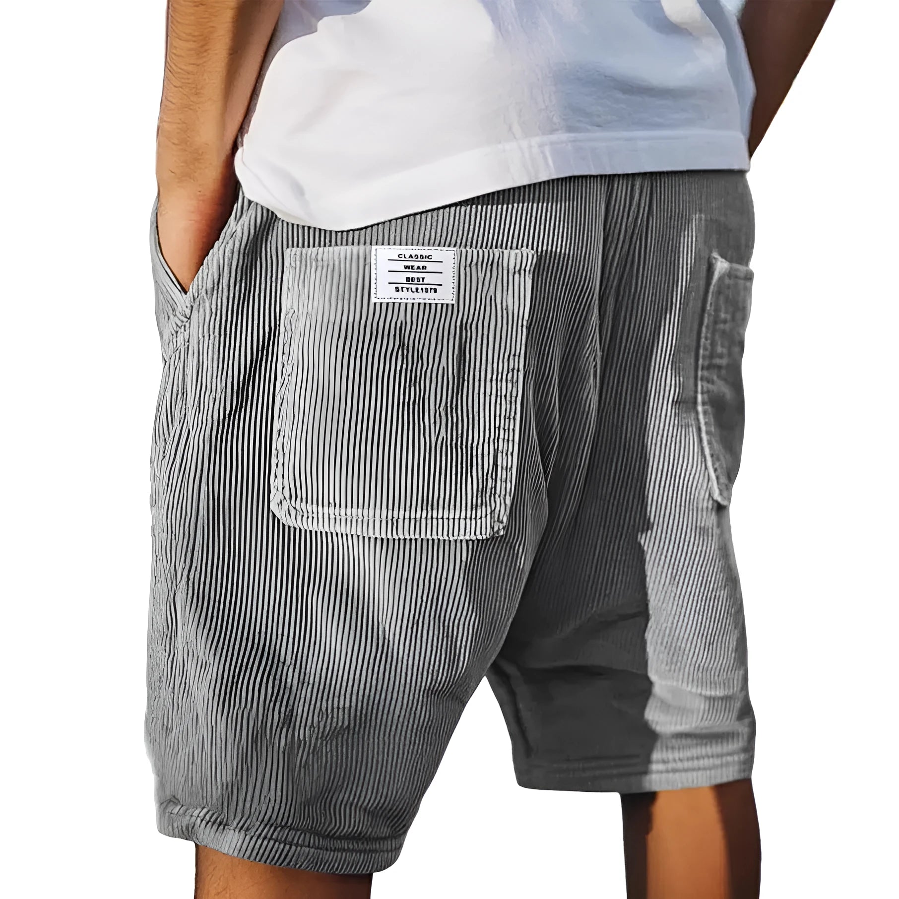 Men's grey straight-leg corduroy shorts with multiple pockets and embroidery detail on a hanger.