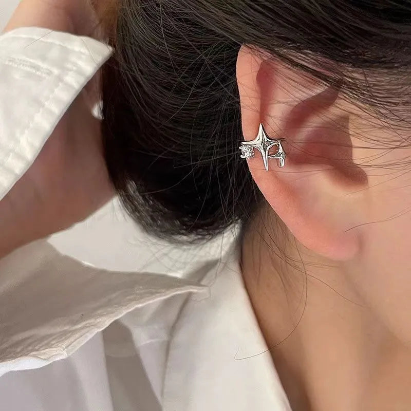 Women's retro geometric small diamond four eight-pointed stars ear clip in silver with electroplated finish