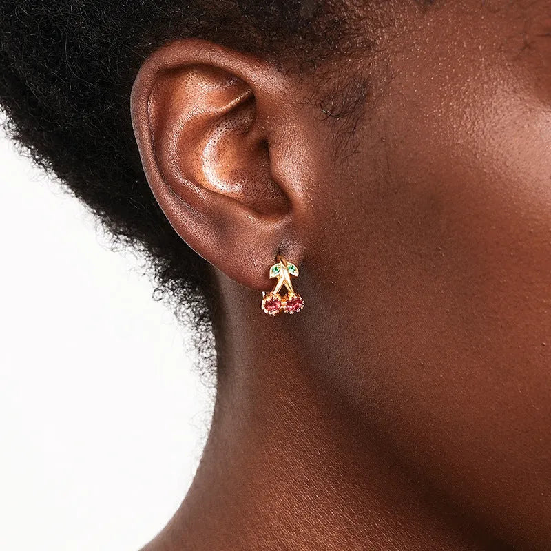Copper earrings for women with bow and cherry shapes in gold, silver, and rose gold electroplated finishes