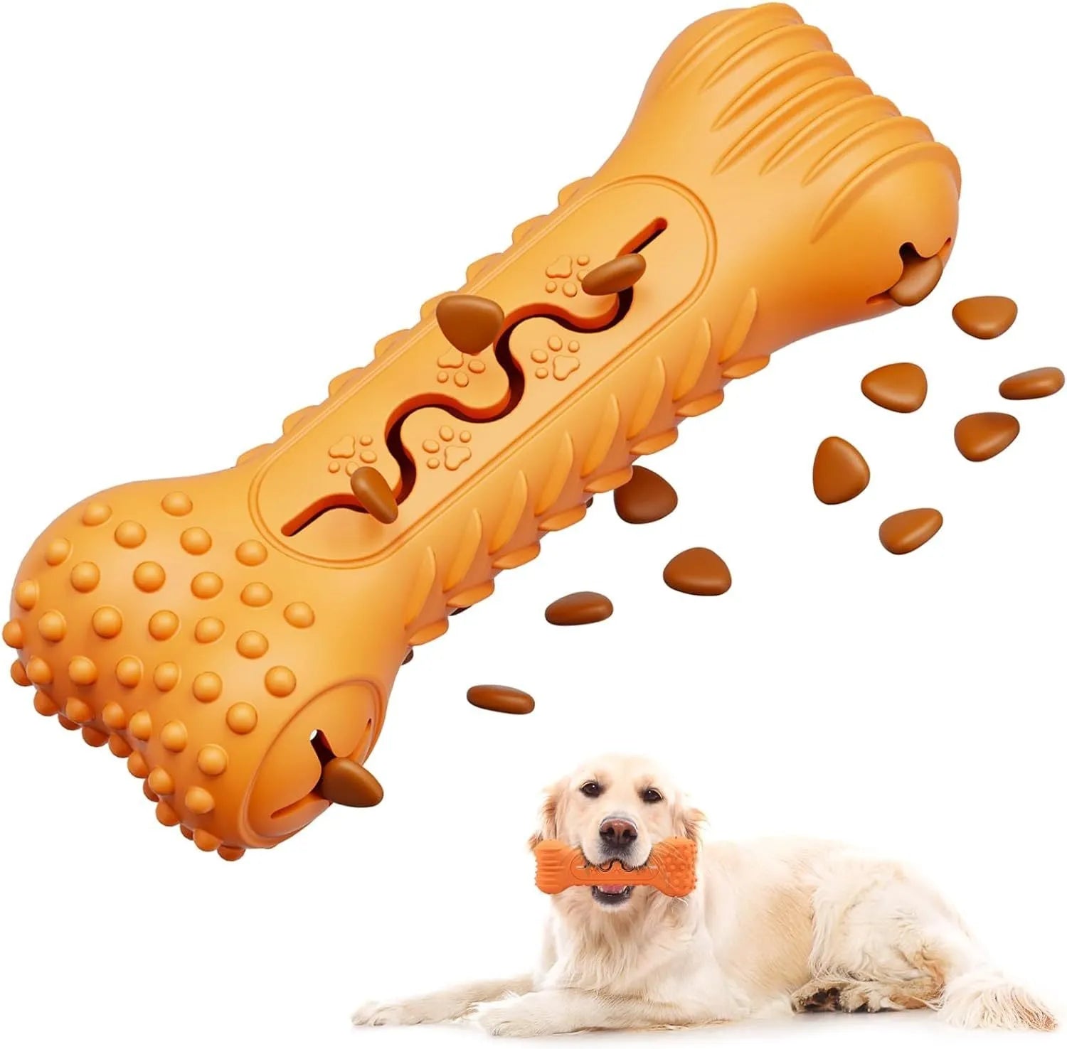 Blue, green, and orange natural rubber bone-shaped dog chew toy for aggressive chewers.