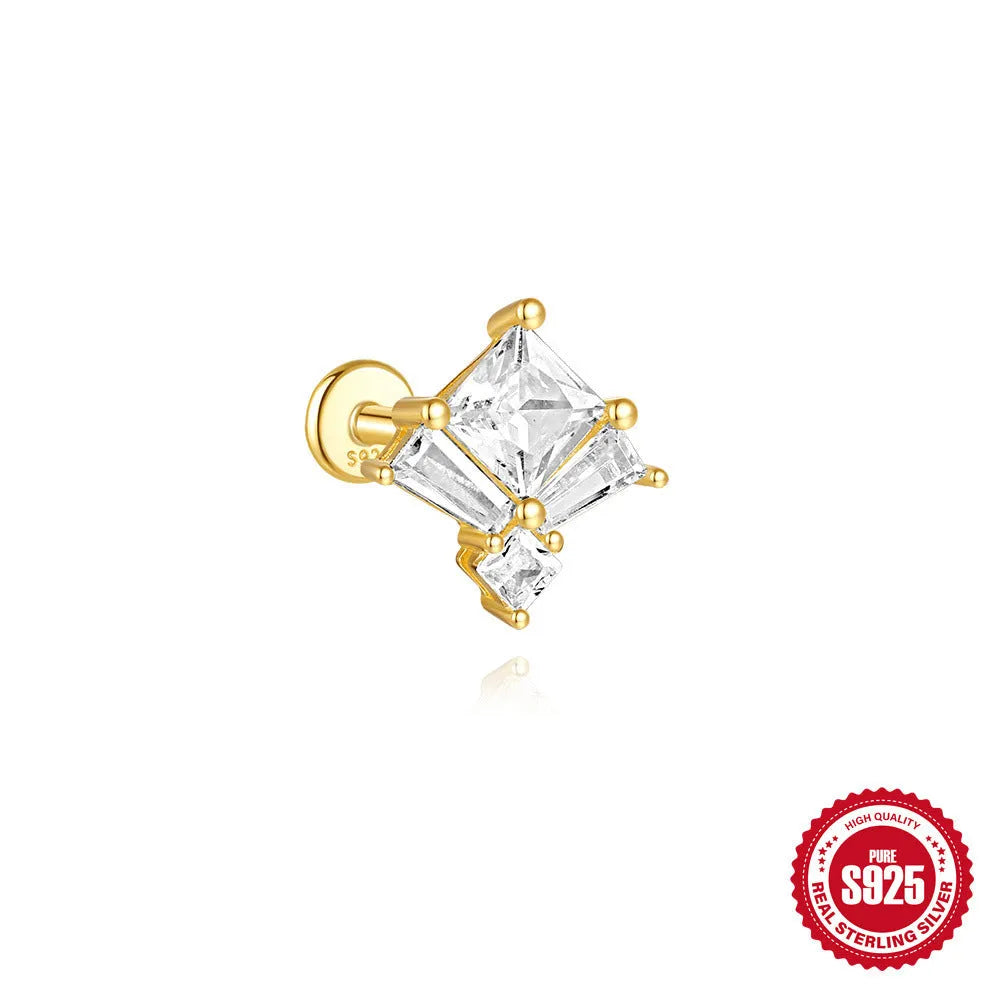Golden geometric S925 sterling silver stud earrings with zircon inlays, showing clover, crown, and chain horse eye designs.