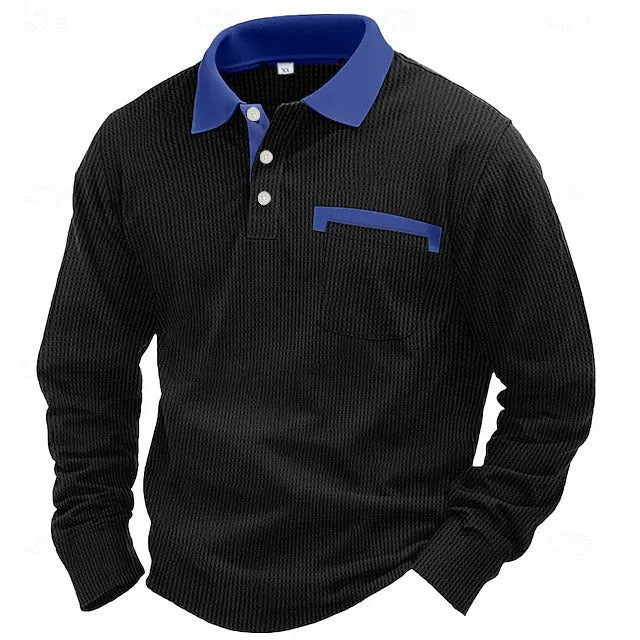 Man wearing a long-sleeved waffle knit polo shirt in a solid colour with an asymmetric design detail.