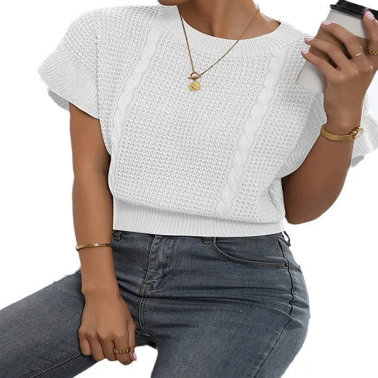 White knitted pullover sweater with twisted string ruffled short sleeves and round neck design