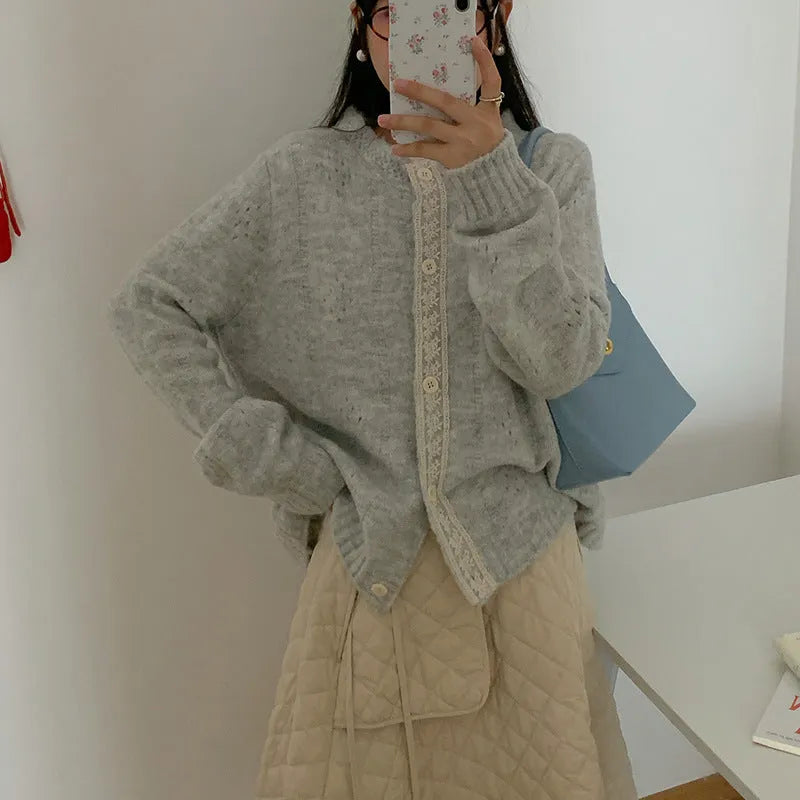 Artistic retro loose knitwear cardigan coat in apricot, green, pink, or light grey colour.