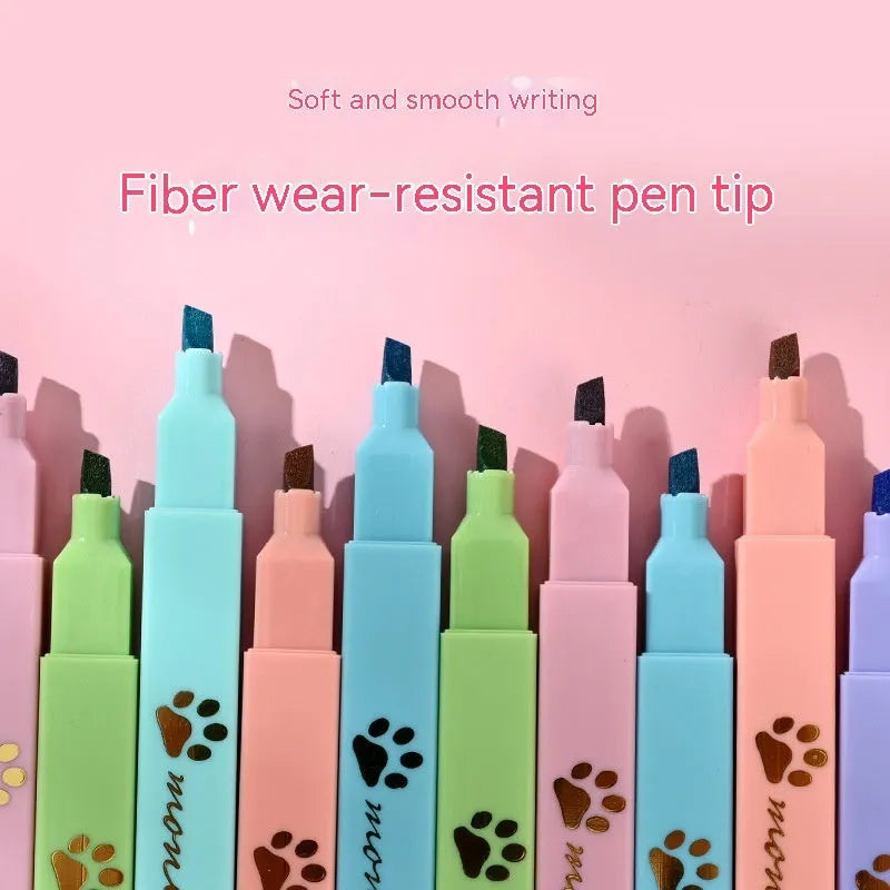 Cat's Paw brand set of six fluorescent highlighter pens with oblique nibs in a gift box