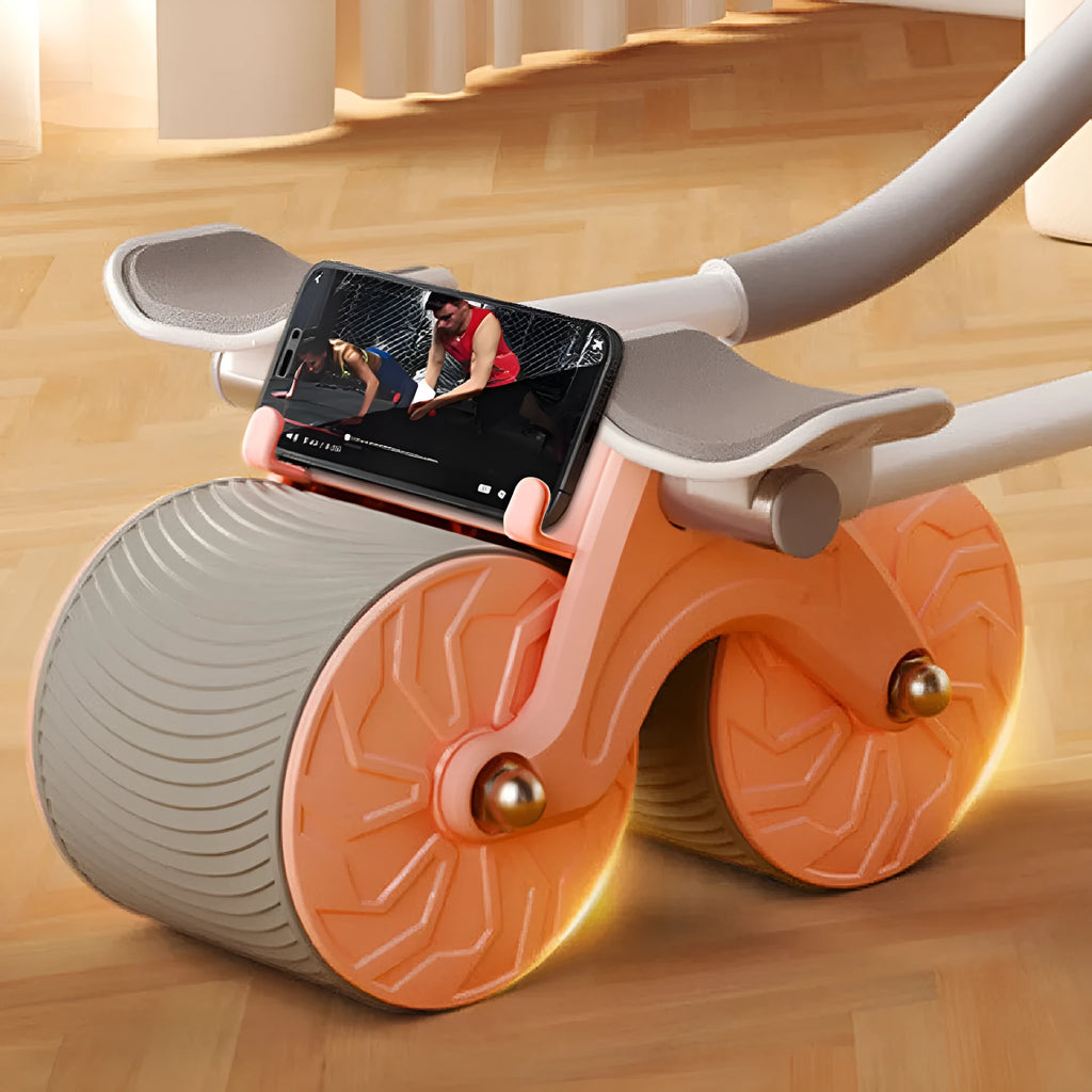 Black abdominal exercise wheel with automatic rebound mechanism next to a grey NBR yoga mat.