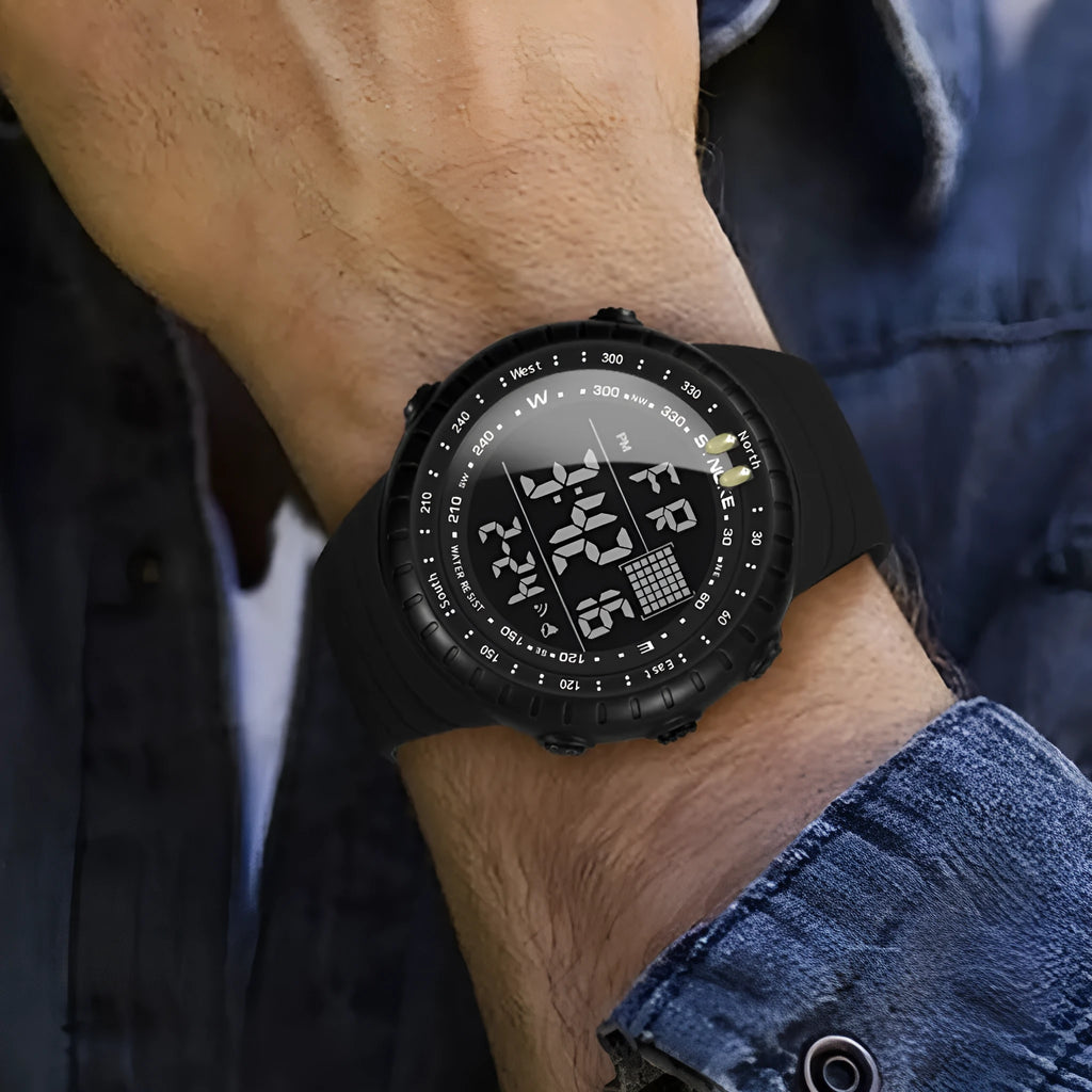 Black waterproof electronic outdoor watch with 54.74mm dial and WR50M water resistance rating