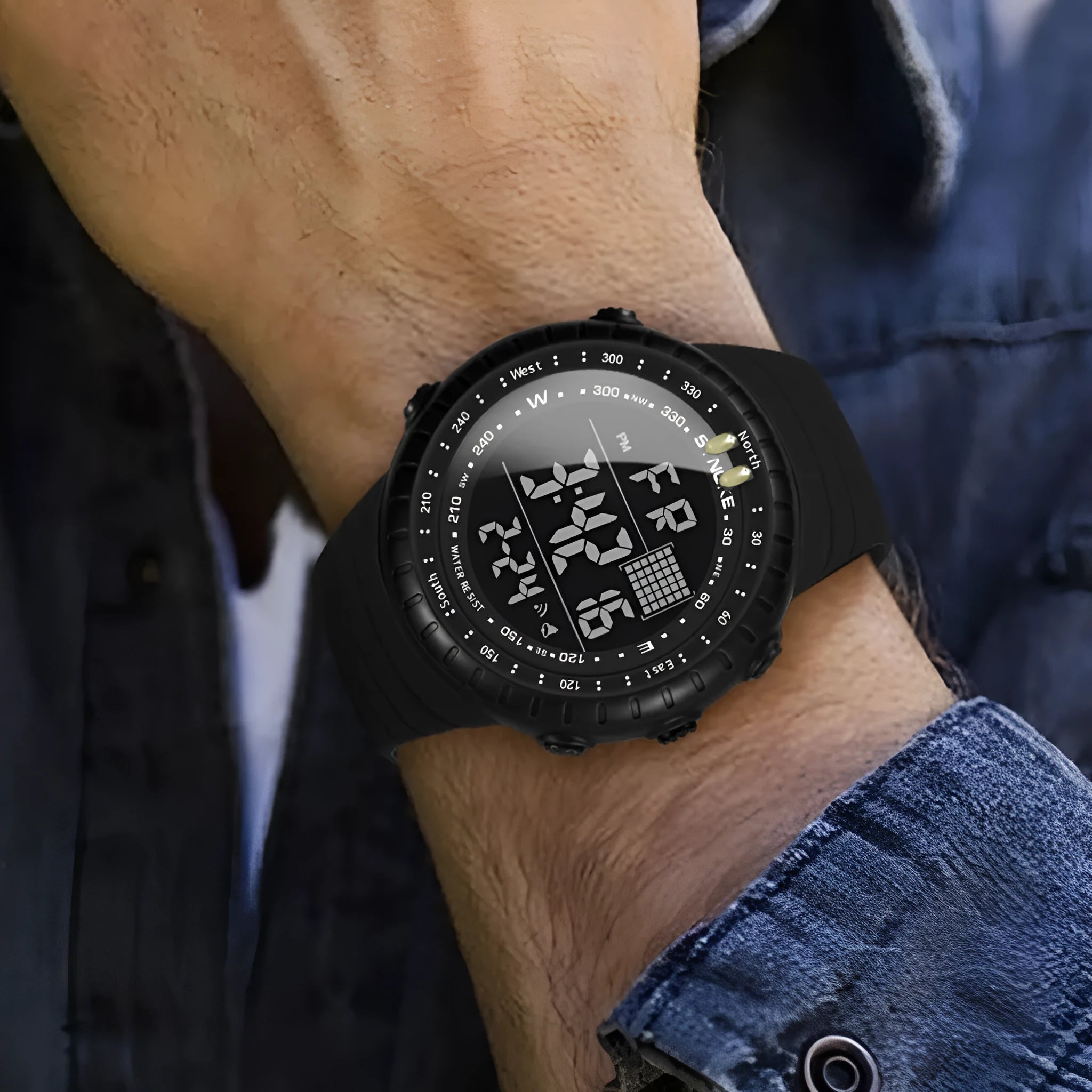 Black waterproof electronic outdoor watch with 54.74mm dial and WR50M water resistance rating