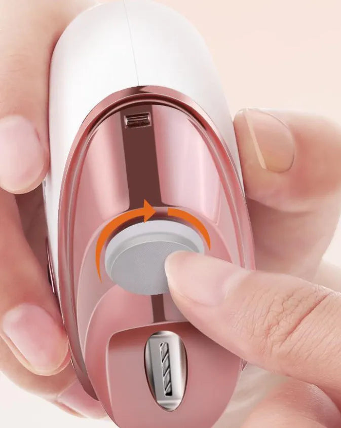 Blue electric nail clipper and polisher two-in-one grooming tool with USB-C cable and cleaning brush.