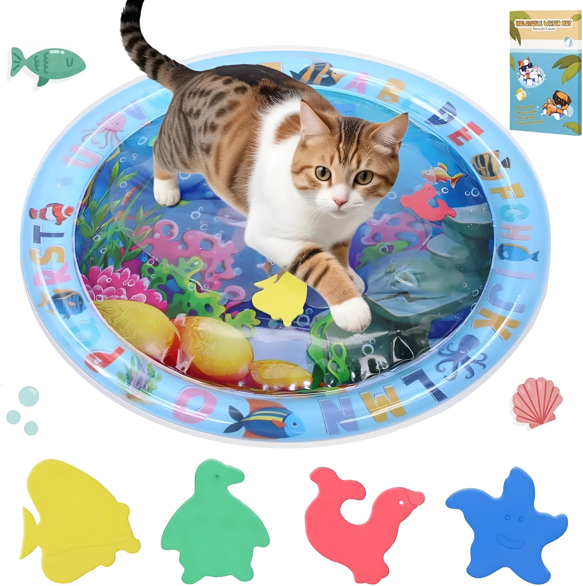 95cm square pet water playmat with floating fish toys in clear PVC mat for cats and dogs