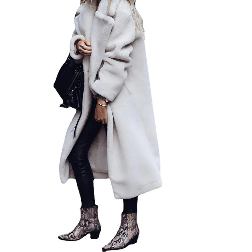 Women's double-sided lapel polyester coat in solid colour, long sleeves, medium length 65cm, loose fit, with two front pockets