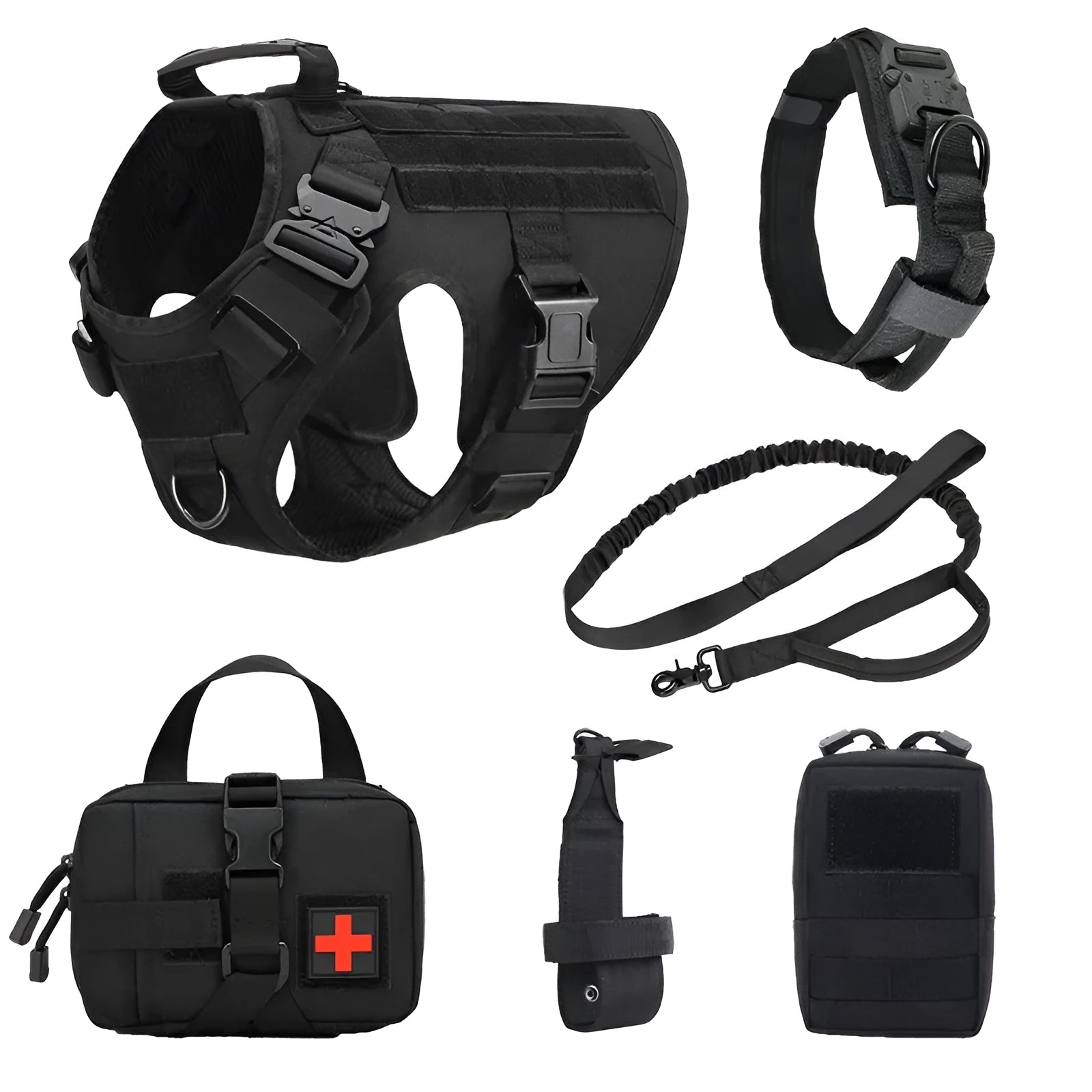 Dog wearing polyester combat training vest harness in black colour from 6-piece set