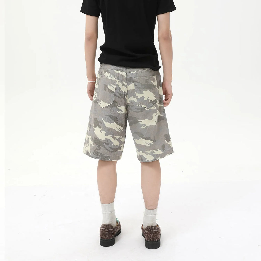 Men's American-style camouflage loose wide leg cotton denim shorts with zipper fly