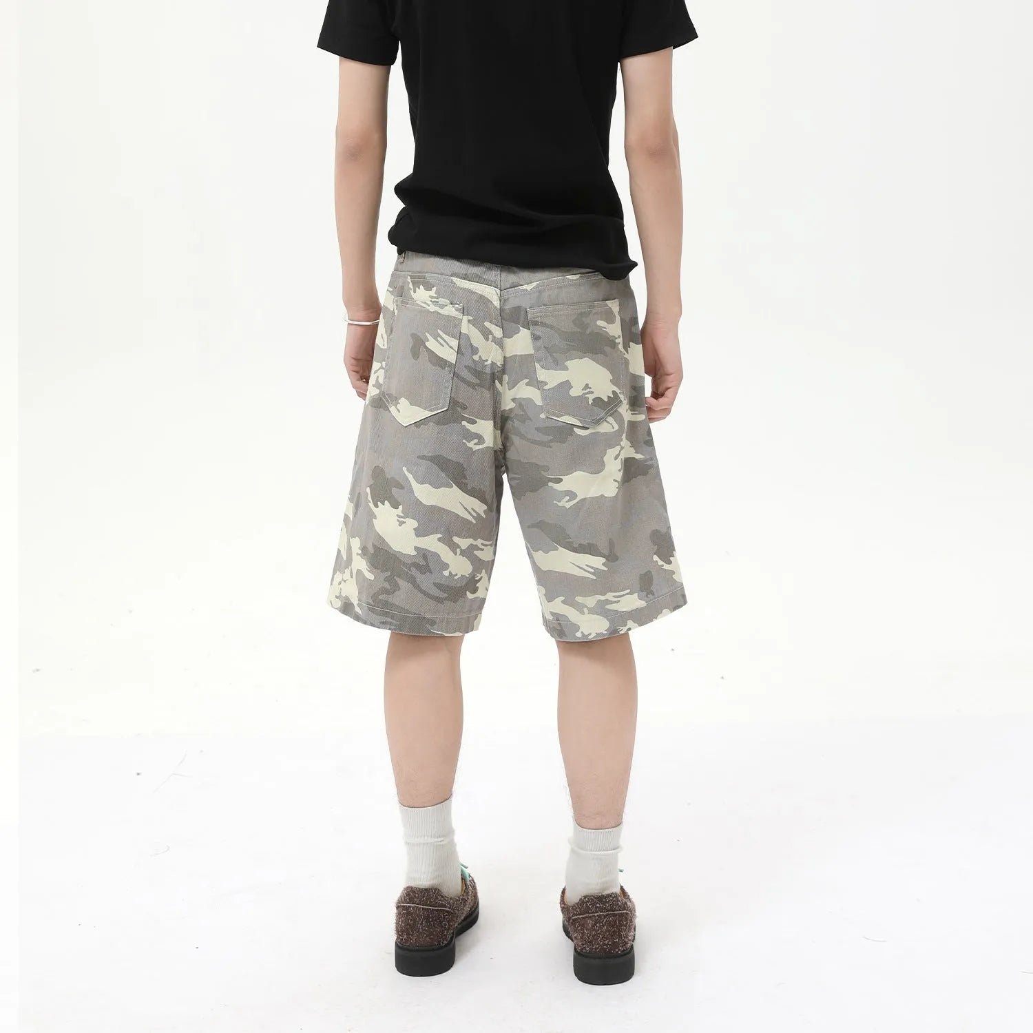 Men's American-style camouflage loose wide leg cotton denim shorts with zipper fly