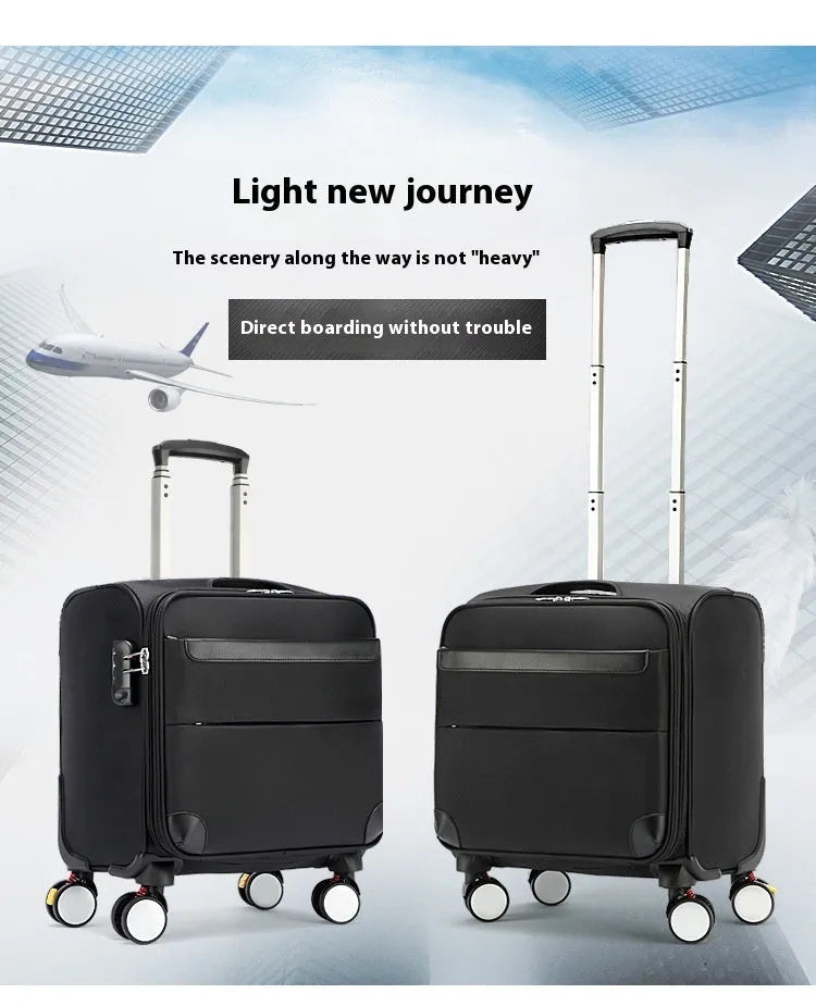 18 inch black Oxford cloth business travel suitcase with telescopic handle and universal wheels.