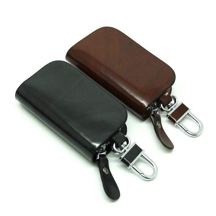 Genuine cowhide leather car key case with frosted finish and zipper closure