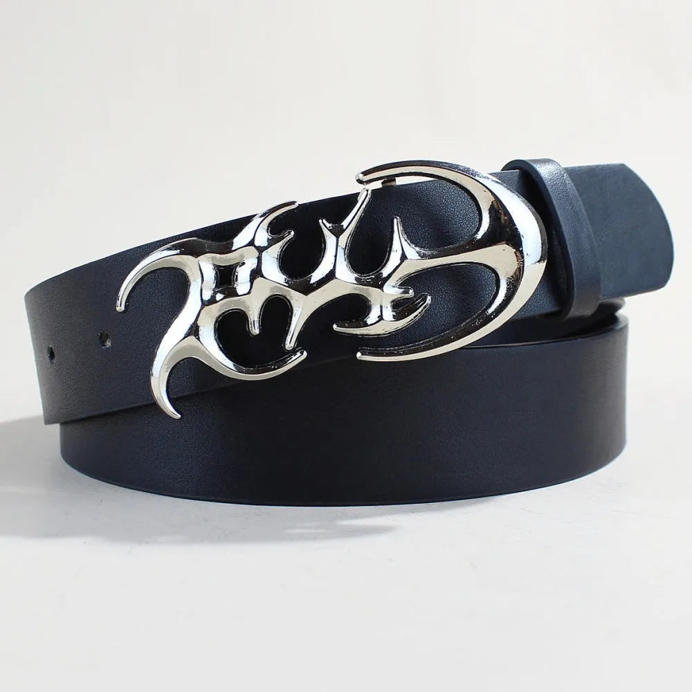 Silver buckle PU leather casual belt with snap button fastening, shown flat