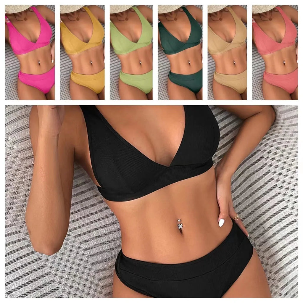 Women's lace-up rib bikini set in multiple colours including black, rose red, and dark green, showing split and high-waist style options.