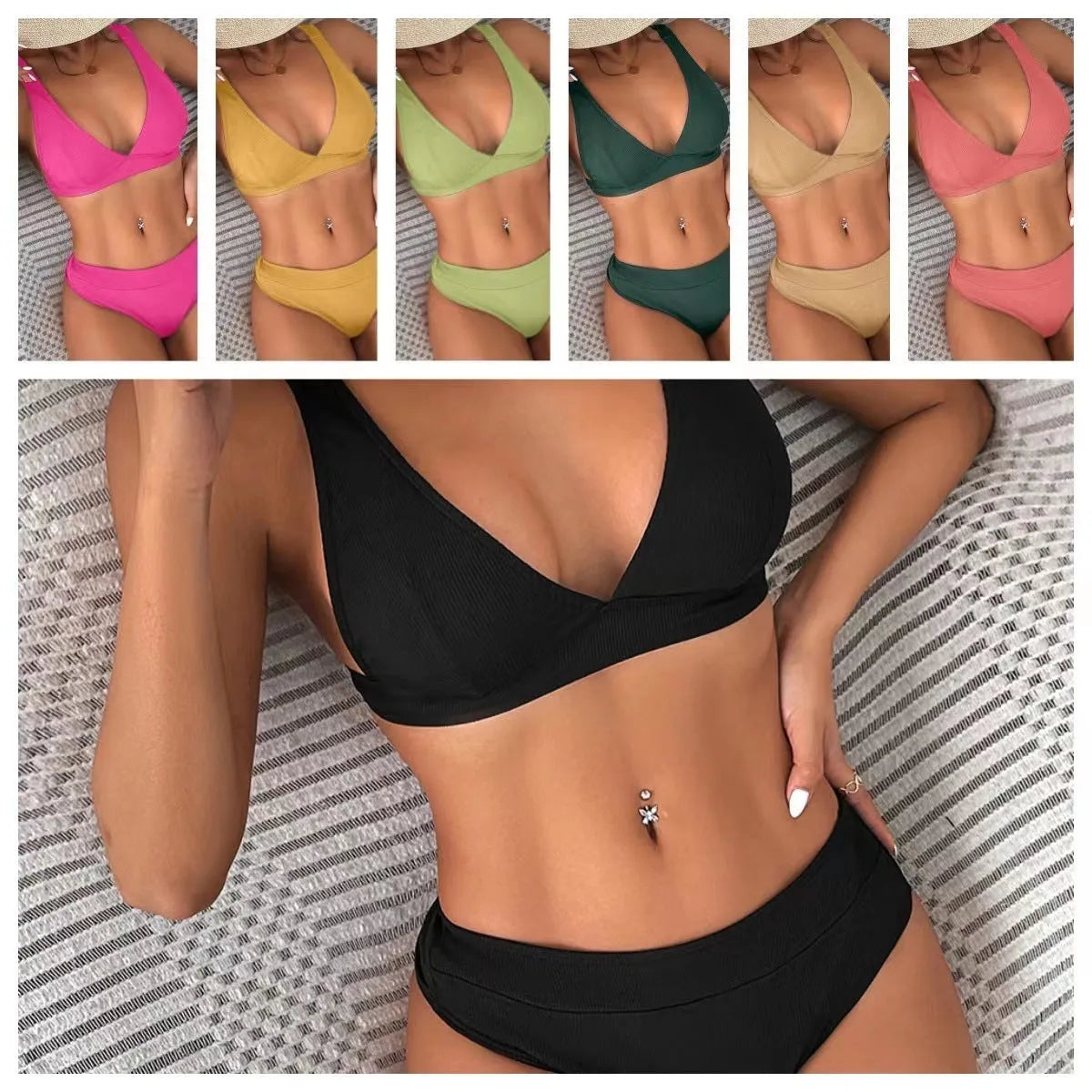 Women's lace-up rib bikini set in multiple colours including black, rose red, and dark green, showing split and high-waist style options.