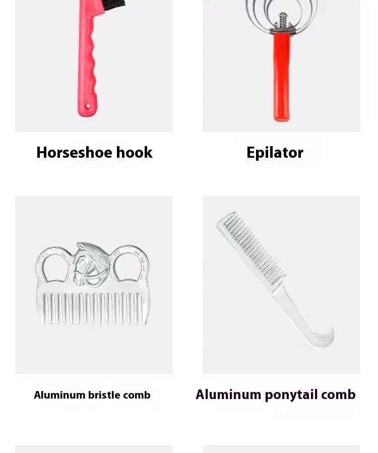 Equestrian supplies 10-piece horse brushing tool set with PP brushes, aluminum combs, and storage bag