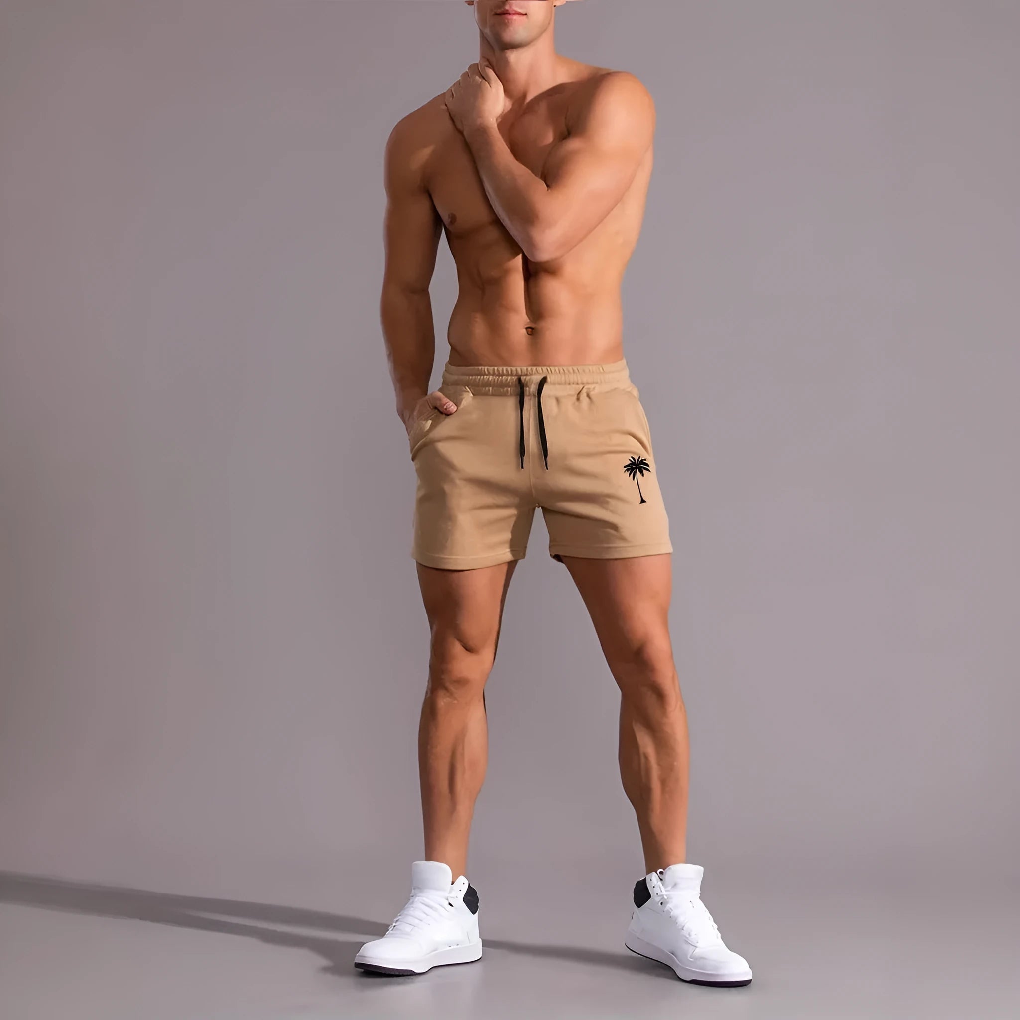 Men's khaki coconut printed sports shorts with straight cut and micro-elastic polyester fabric
