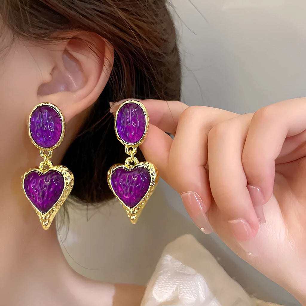 Alloy oval love heart stud earrings with pleated detail in four colour options