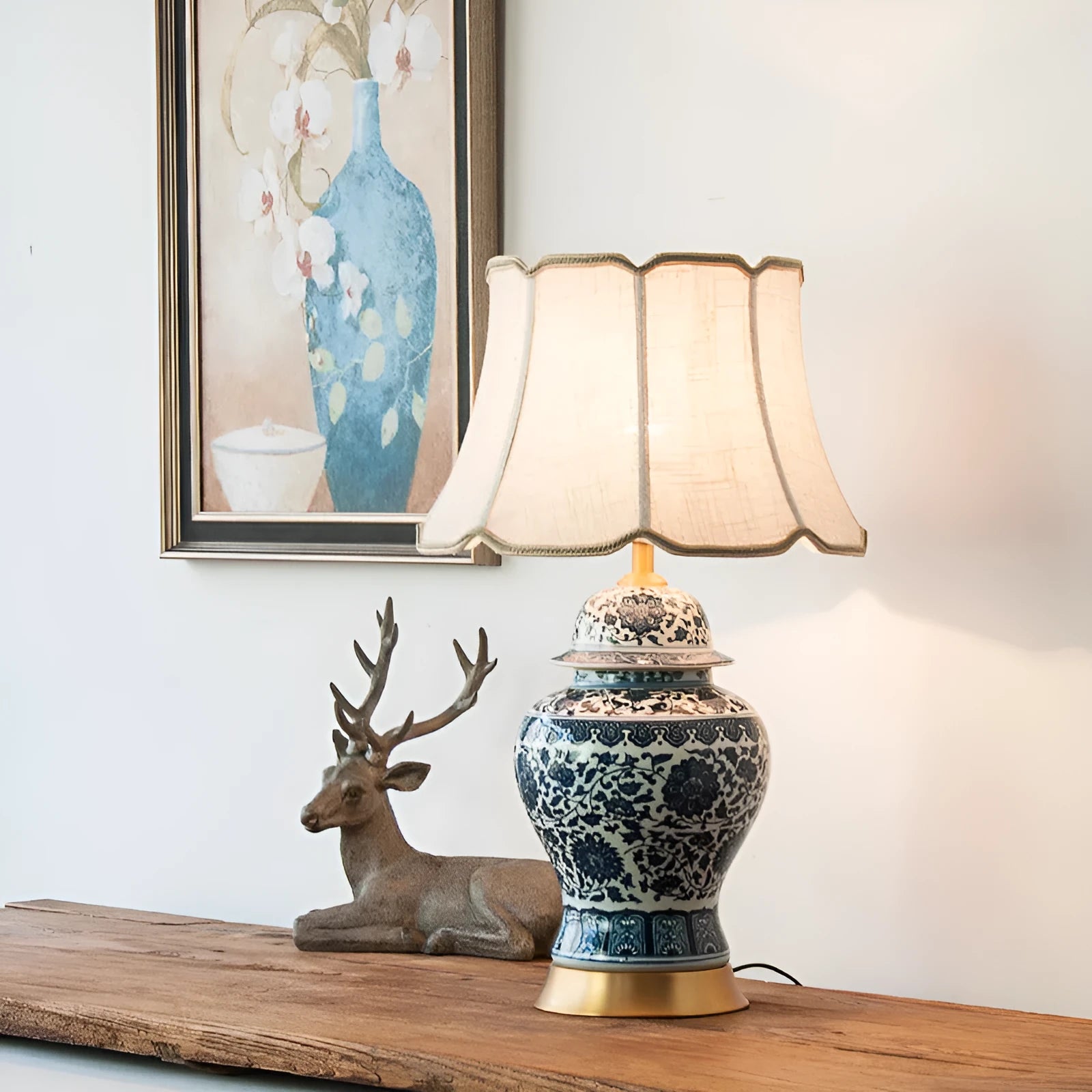 Blue and white porcelain Chinese table lamp with handmade ceramic body and cloth shade