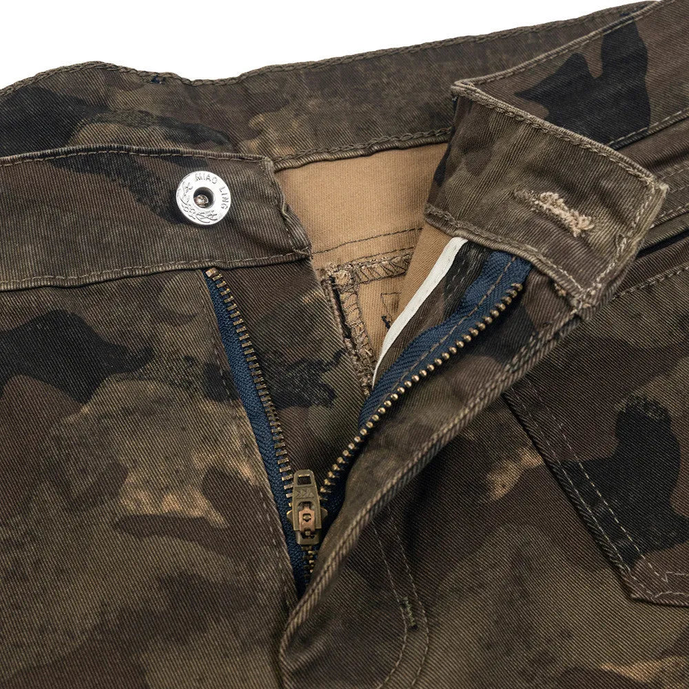 Men's camouflage denim trousers mid-waist casual work pants