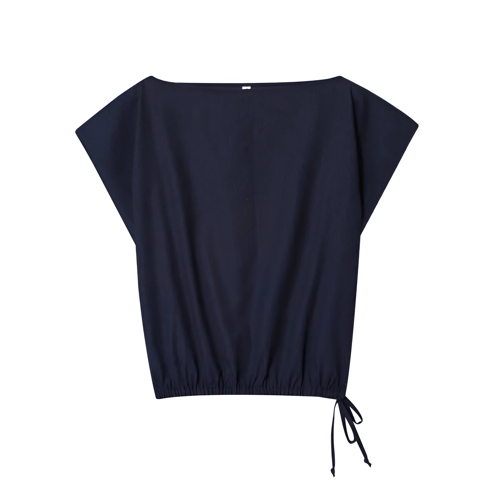 Women's linen blend long sleeve shirt with flounce detail and matching wide leg trousers set on a hanger.