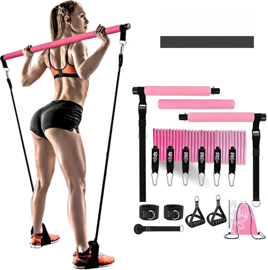 Yoga gymnastic bar with 180 pounds resistance band pull rope set in pink or black TPE material