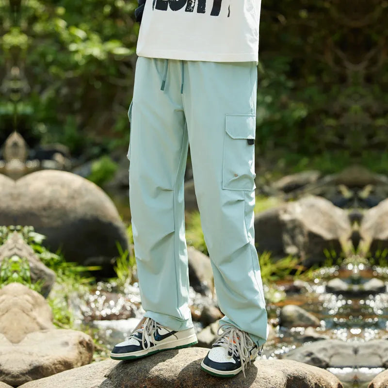 Men's quick-drying summer casual pants in polyester, cropped mid-waist style, colour khaki, size M