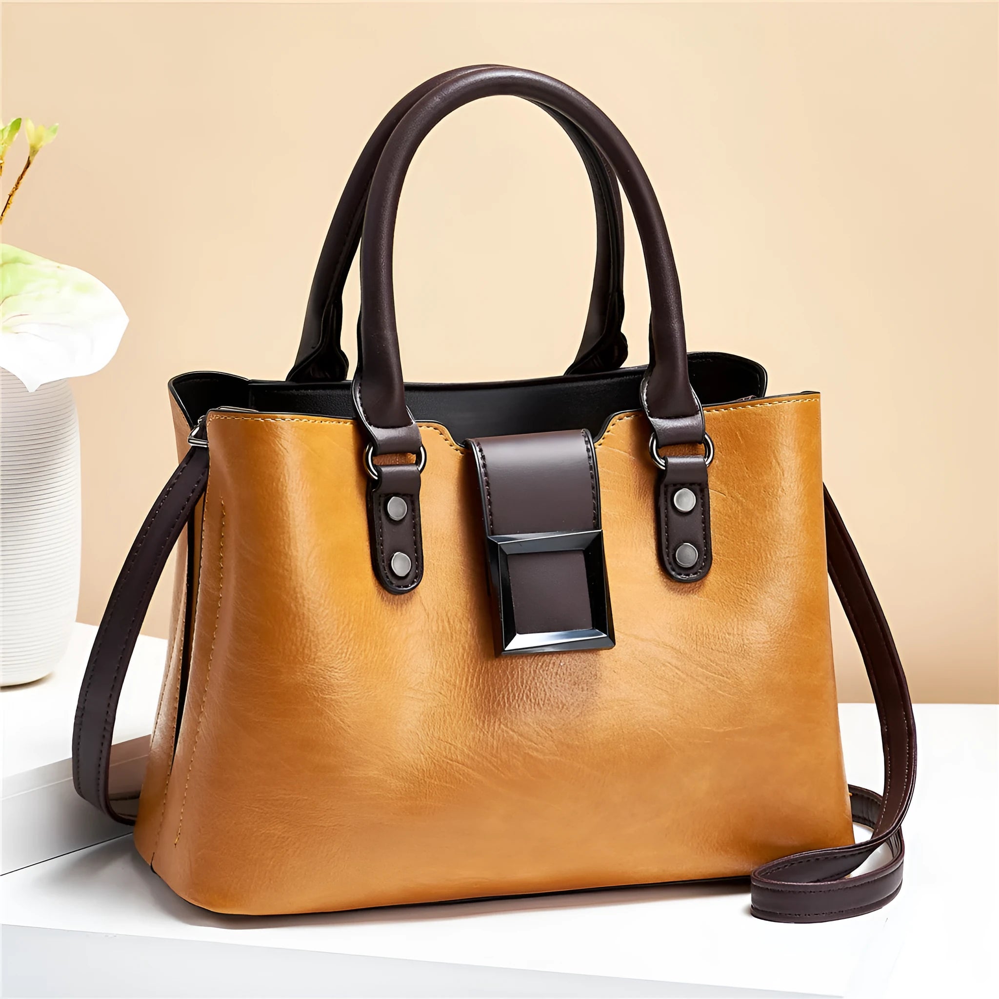 Large vertical square women shoulder bag with lychee pattern PU and gold-toned buckle in red