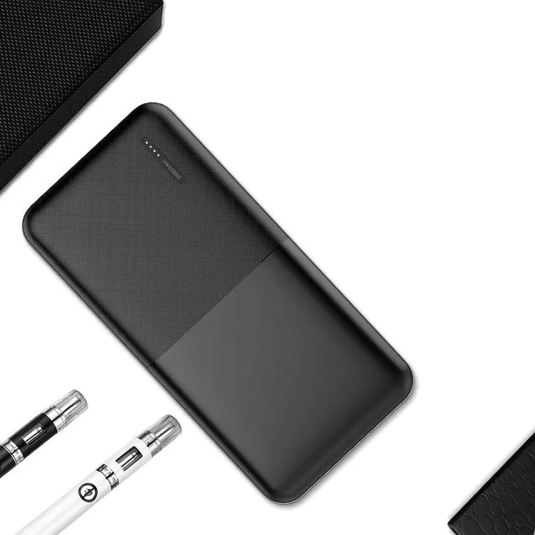 20000 mAh polymer lithium ion power bank with multi-USB ports, black plastic shell, 140x69x26mm