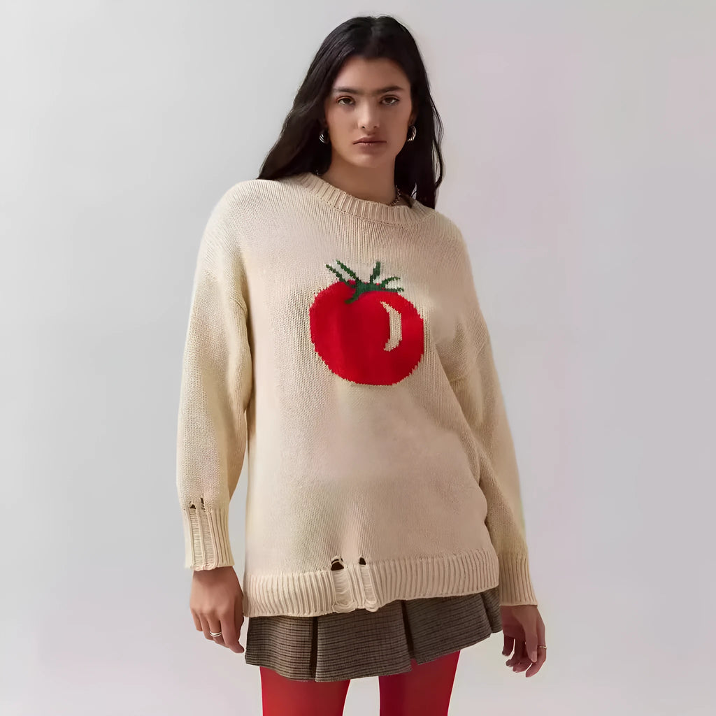 Women's beige acrylic jacquard knit sweater loose fit medium length