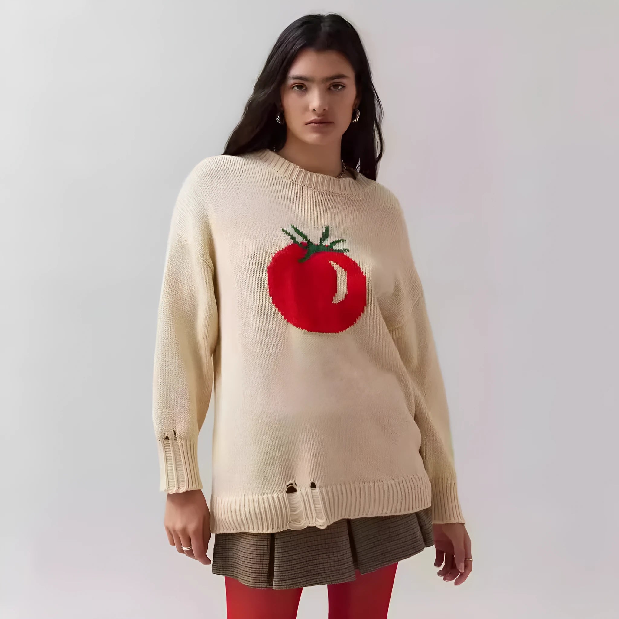 Women's beige acrylic jacquard knit sweater loose fit medium length