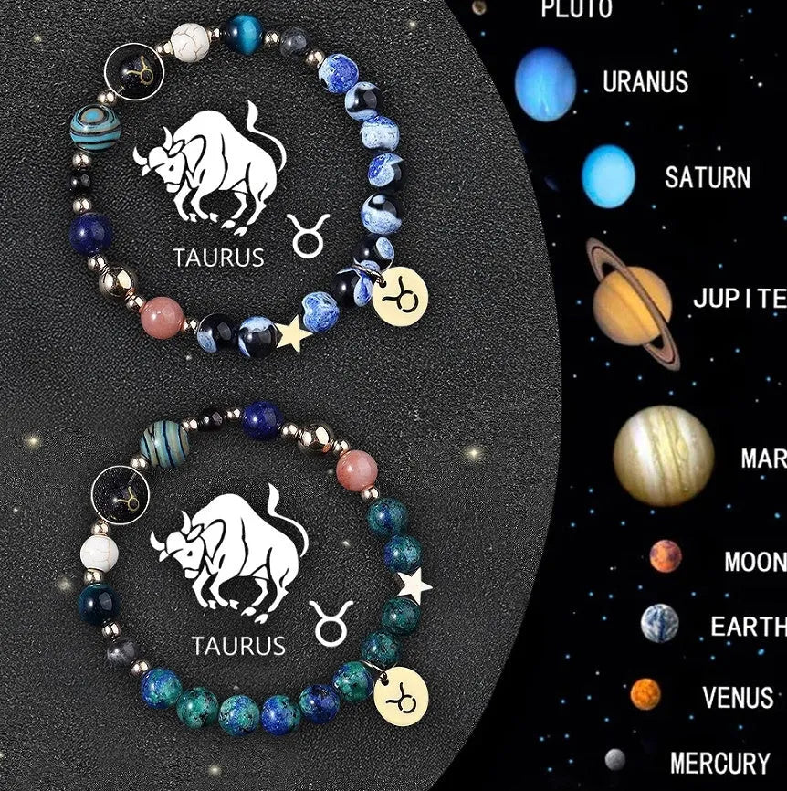 Set of twelve beaded bracelets for each zodiac sign with natural stone and crystal beads.