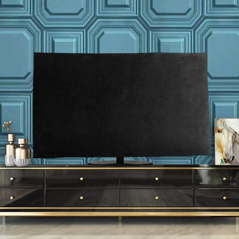 Velvet fabric TV cover with national style pattern, shown in light blue colour for a flat-screen television.