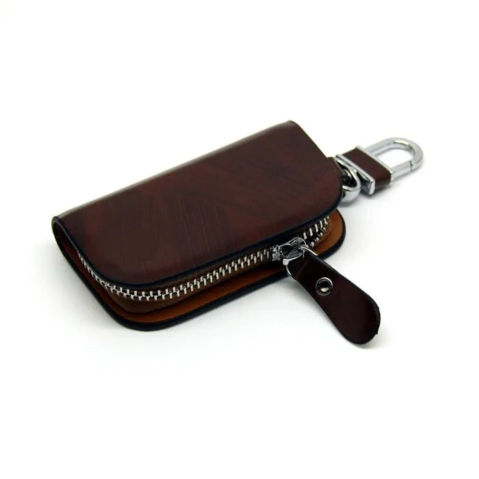 Genuine cowhide leather car key case with frosted finish and zipper closure