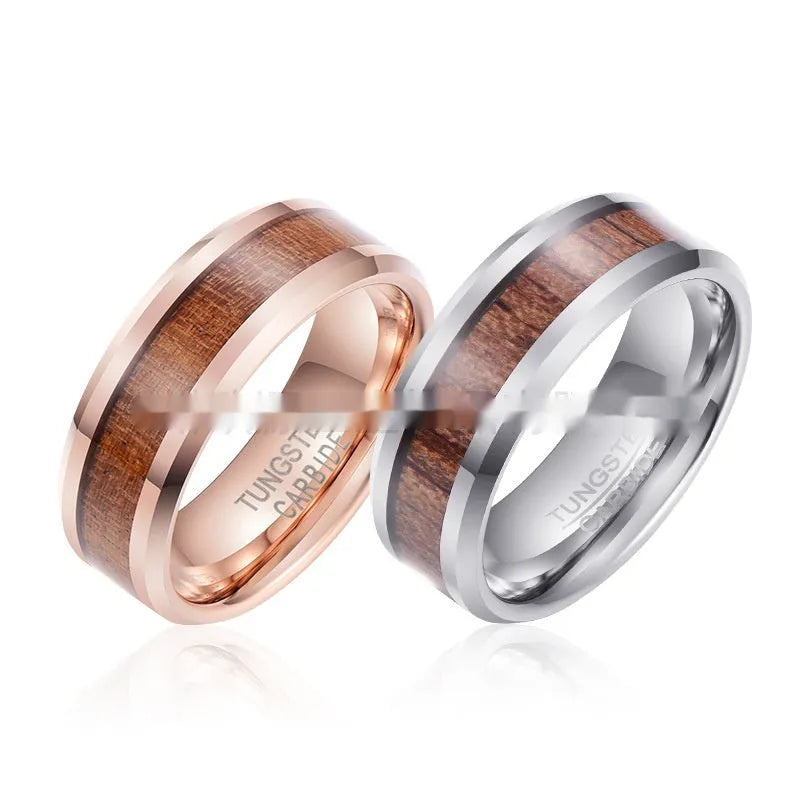 8mm wide Ugyen wood and leather men's ring with U-shaped band in rose gold or steel finish