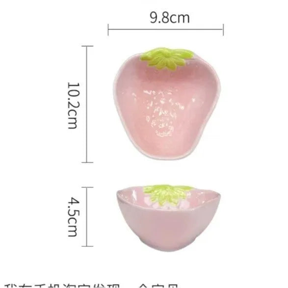 Strawberry pattern ceramic dinnerware set with flower bowls, straw hat plate, and twist spoon