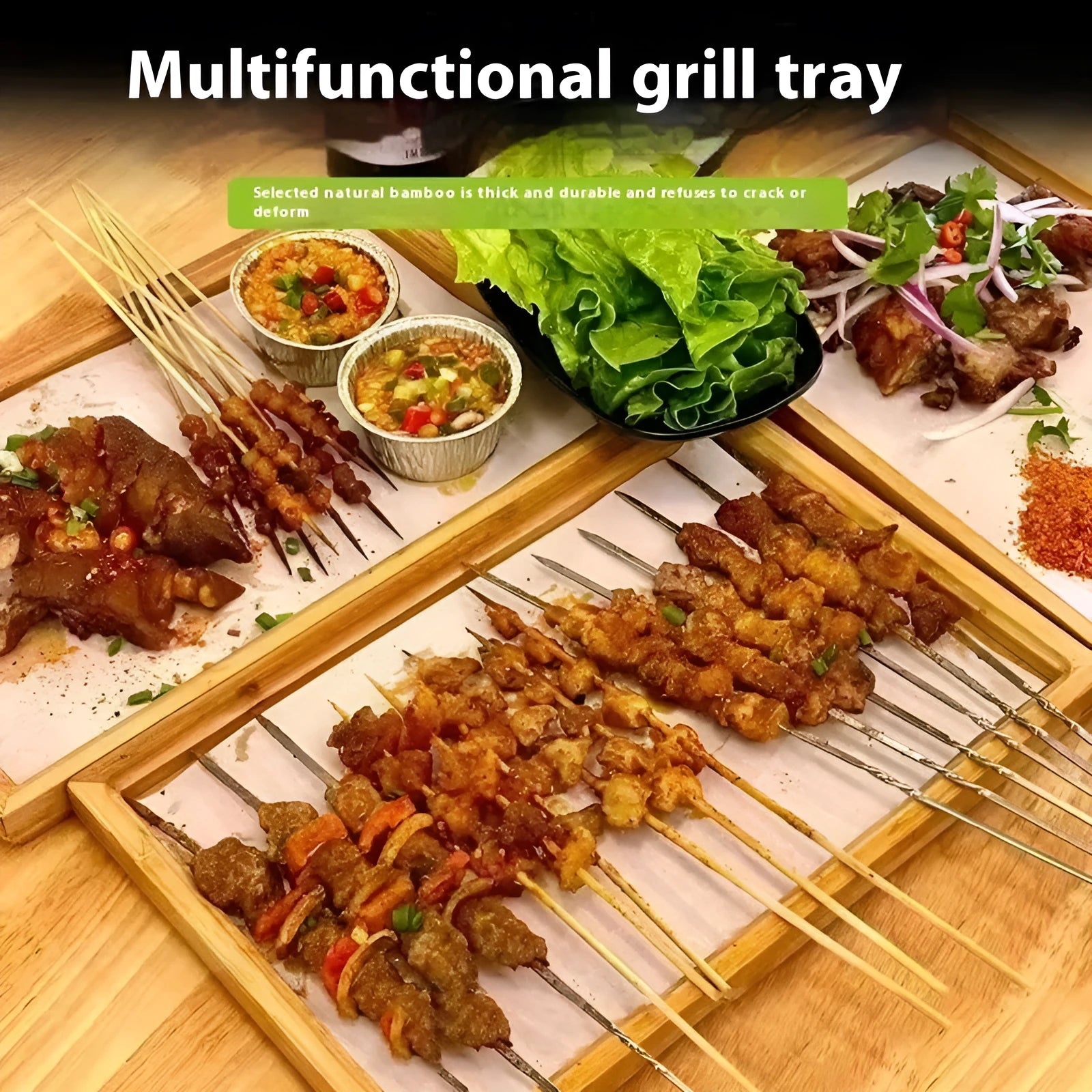 Square bamboo serving tray with a brown handle for barbecue shops and hotels.