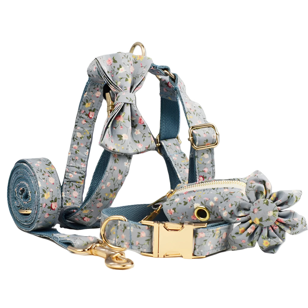 Floral pattern dog collar set with leash, vest, bow, and poop bag holder in five coordinated pieces