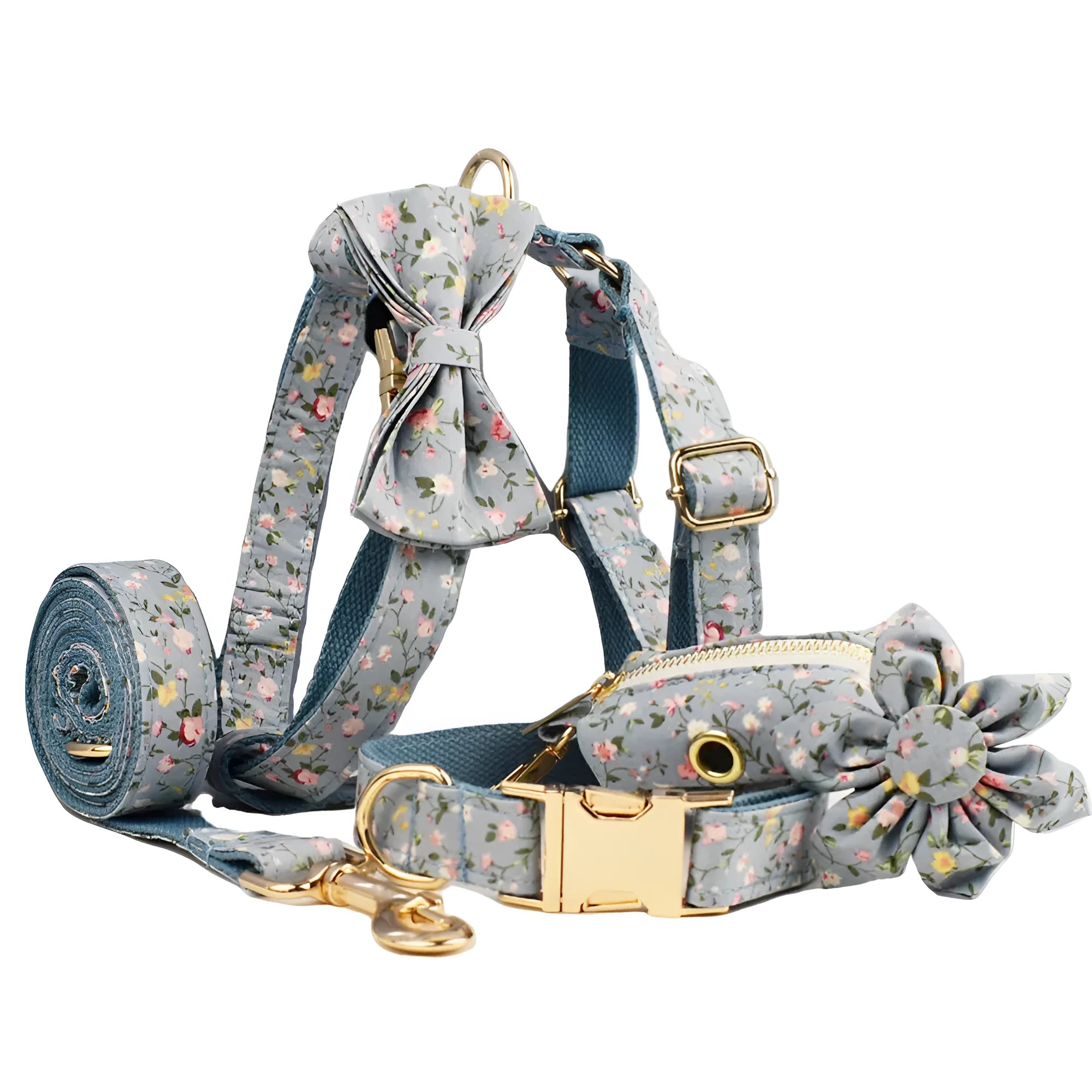 Floral pattern dog collar set with leash, vest, bow, and poop bag holder in five coordinated pieces