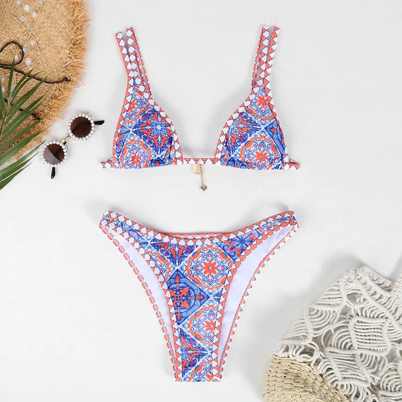 Retro floral print women's bikini swimwear in polyester available in four colours