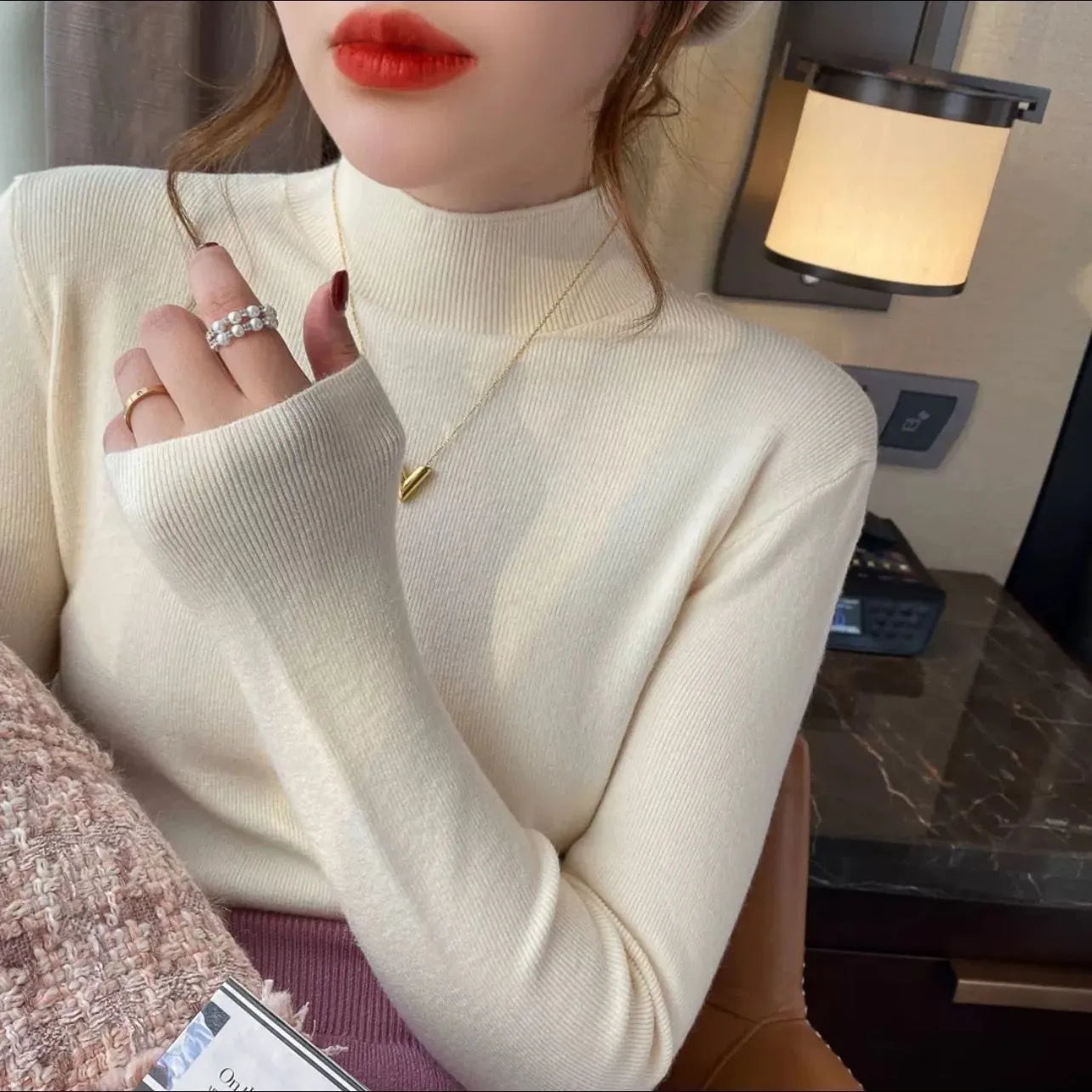Viscose pullover top slim fit long sleeve in apricot colour showing front view