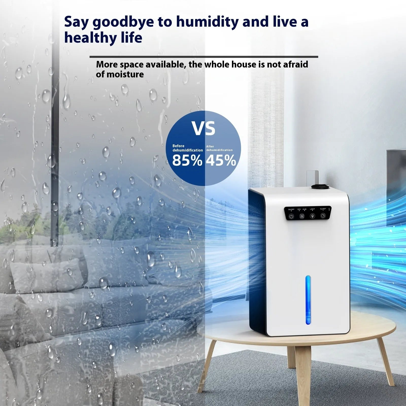 Milky white small household dehumidifier with water tank for bedroom use.